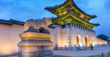 Gyeongbokgung palace at night in Seoul, South Korea.